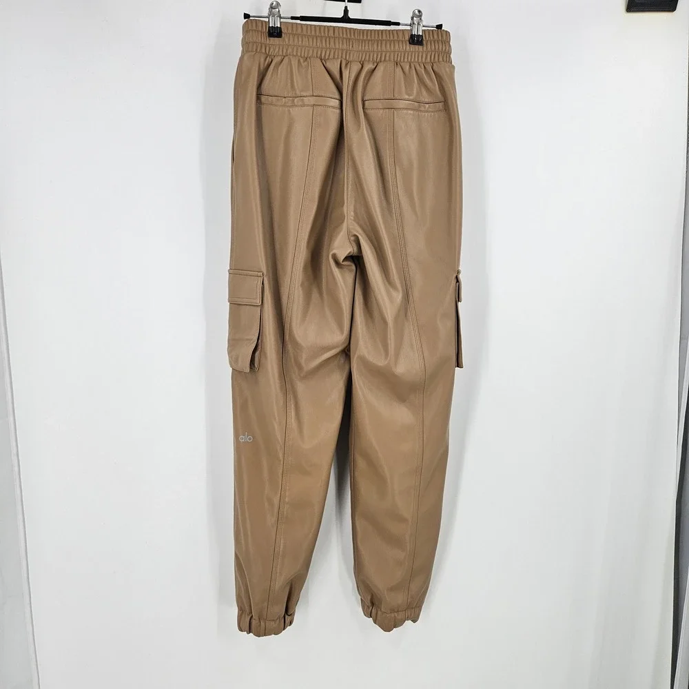 Alo Yoga Faux Leather Power Hour Jogger Pants Camel Tan High Waist Tapered Leg S